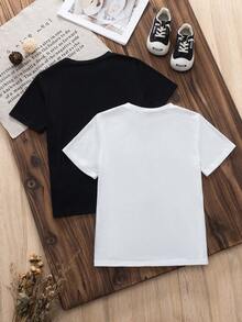 Mirajuku 2 Stücke/Set Jungen Lässig Basic Minimalistisches Buchstaben-Muster Schwarz & Weiß Kurzarm T-Shirts, weiches & bequemes Material geeignet für Alltag, Pendeln, Lässig, Schule und verschiedene Anlässe, können mit Shorts oder Jeans kombiniert werden - Schwarz und Weiss - Übersicht 2