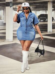 Slaydiva Plus Size Cowgirl Blue Denim Bodycon Dress, Spring Outfits For Women - Medium Wash - View 5