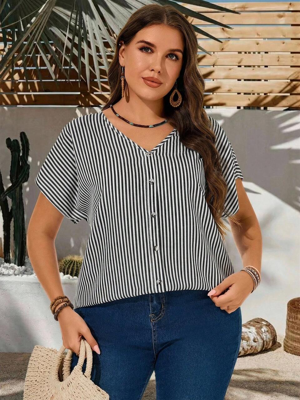 Plus Size Women Striped V-Neck Single-Breasted Short Sleeve Shirt,Black And White,Summer,Elegant,Smart Casual,Office Bohemian Blouses Tops