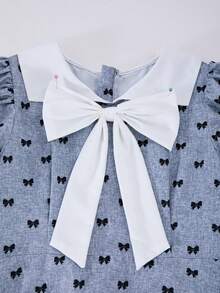 SHEIN 少女可爱白色翻领连衣裙，黑色蝴蝶结装饰；休闲灰色泡泡袖连衣裙 - 灰色 - 查看 5