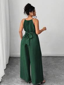 Elenzga 大码女式休闲卡其色褶皱面料吊带串珠腰带纽扣蝴蝶结设计连体裤，适合春夏、返校、毕业典礼、情人节、音乐节、母亲节、万圣节、感恩节、复活节、国庆节、舞会、约会、婚礼、户外活动等场合。 - 墨綠色 - 查看 2