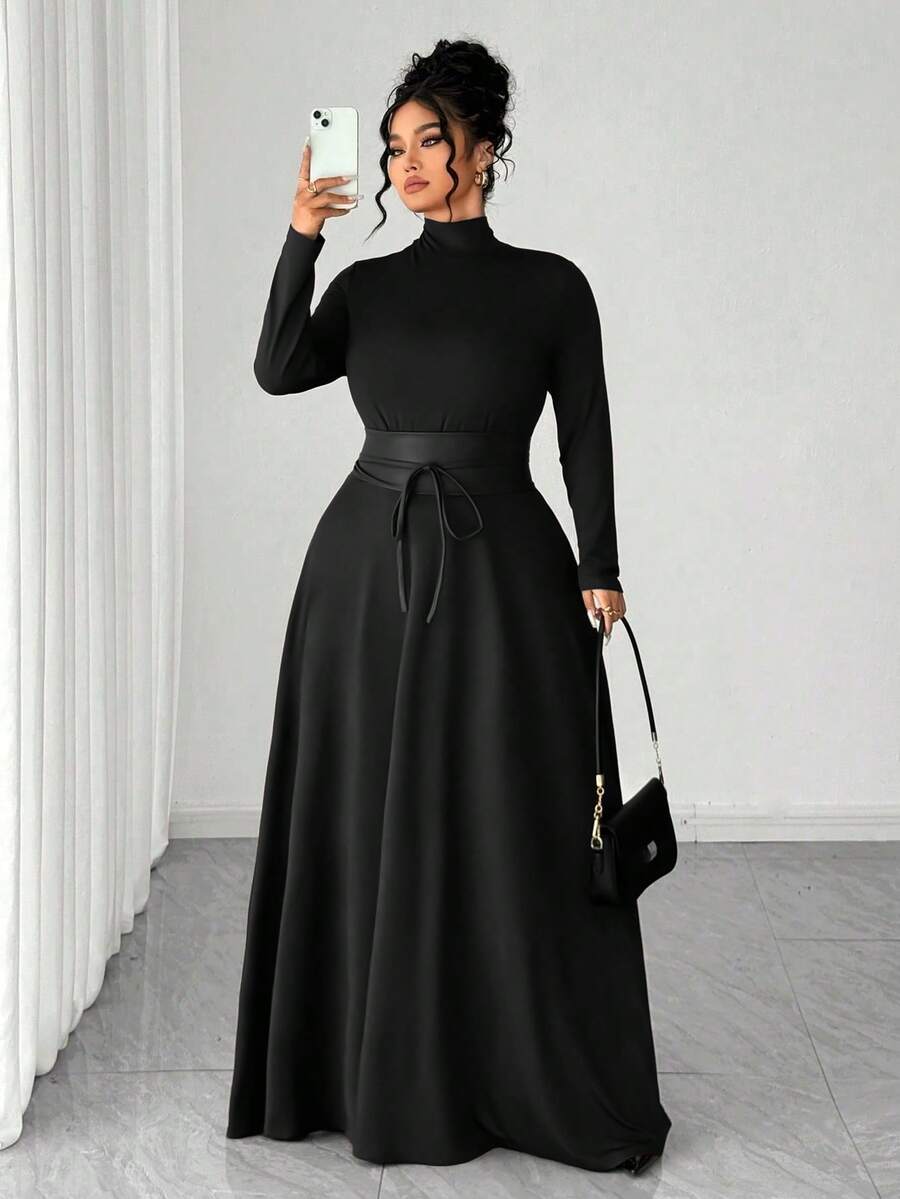 Elenzga 大码女装春秋新款棕色时尚优雅休闲立领修身喇叭下摆长袖连衣裙，适合日常通勤、休闲、聚会、派对、购物、音乐节等场合。 - 黑色 - 查看 1