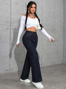 SHEIN ICON Women's High Waist Pockets Wide Leg Loose Casual Denim Jeans - Navy Blue - View 3