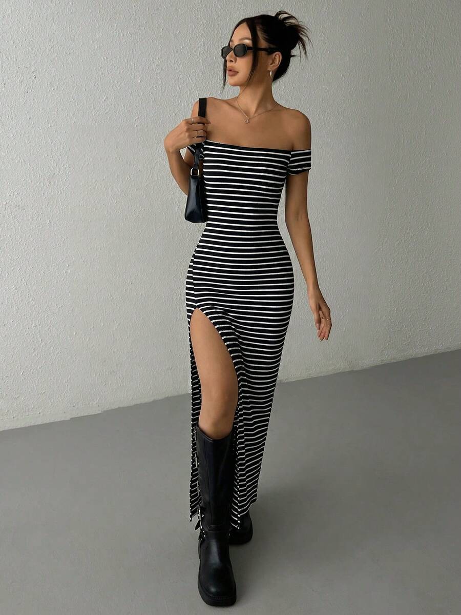 SHEIN EZwear 女士春夏新款露肩高开衩条纹针织长裙 - 黑色 - 查看 1