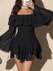 Elenzga Đầm mini dáng xòe dài tay, ôm sát, chất liệu chiffon mềm mại, thanh lịch, lãng mạn, phối màu đen trắng dành cho nữ cỡ lớn, thích hợp cho mùa xuân/thu. - màu đen - Xem 4