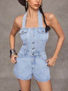 Jeanoix Y2K 时尚口袋露背水洗牛仔连体衣 - 淺色水洗藍 - 查看 7
