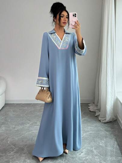 Al Najma Women's Elegant Loose Fit Patchwork Floral Lace Trim Long Sleeve Plus Size Abaya Dress