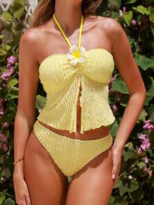 Swim Mod Conjunto de bikini de 2 piezas con textura para mujer, estilo casual de vacaciones - Amarillo - Ver 1