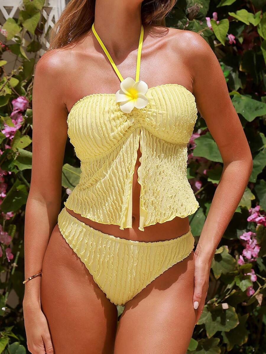 Swim Mod Conjunto de bikini de 2 piezas con textura para mujer, estilo casual de vacaciones - Amarillo - Ver 1