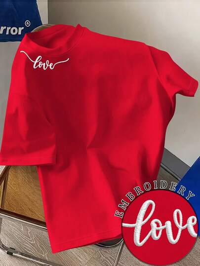 Claim Dot Red Men's Round Neck Letter Embroidery Casual Versatile Daily Wear Short Sleeve T-Shirt