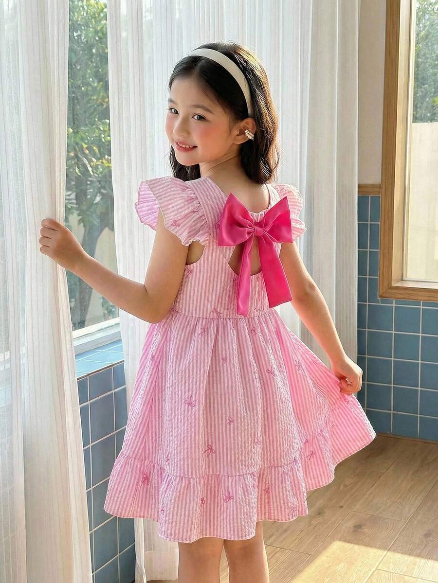 Girls Elegant Floral Print Round Neck Flutter Sleeve Hollow Back Bow Decor Waist Ruffle Hem Casual Fashionable Dress, Suitable For Vacation & Travel, Summer - Pink - View 1