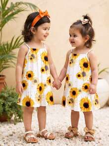 SHEIN 1pc Baby Girl6 Months - 2-3 Years) Sunflower Print Sleeveless Dress, Lightweight Fabric, Fresh & Healing Children Dress, Suitable For Beach Vacation/Casual Wear, Summer - Multicolor - View 7