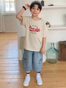 DAZY Camiseta de manga corta con cuello redondo y estampado minimalista para niños pequeños - Albaricoque - Ver 4