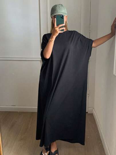 DAZY Women's Round Neck Short Sleeve Loose Long Casual Dress