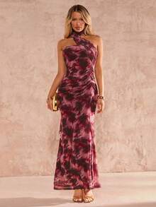Glamine Vestido elegante de longitud media para mujer con estampado floral de malla, estilo de vacaciones, que adelgaza la cintura - Negro - Ver 4
