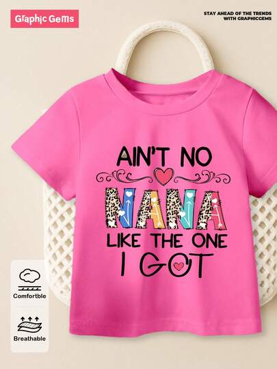 SHEIN GraphicGems Baby Girl Casual Simple English Slogan Graphic Short Sleeve Round Neck T-Shirt, Suitable For Summer