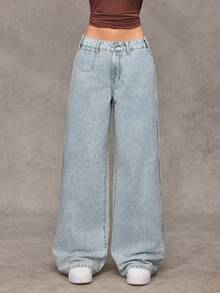 Jeanoix 女士Y2K时尚休闲条纹宽松阔腿牛仔裤 - 淺色水洗藍 - 查看 4