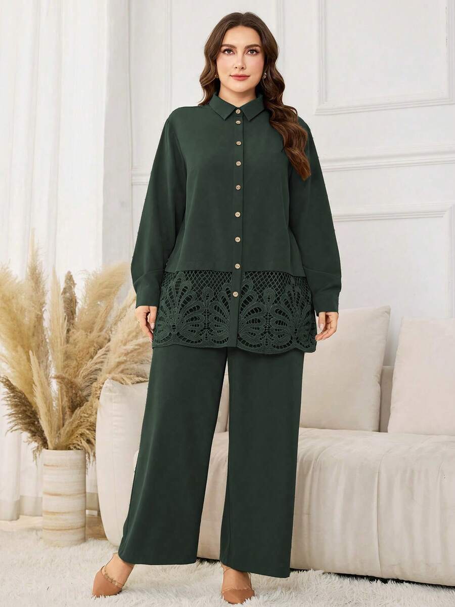 Lacomfia Plus Size Simple Casual Solid Color Long Sleeve Shirt With Ruffle Hem Decor & Elastic Waist Wide Leg Pants 2 Pieces Set, Spring/Autumn Fall - Green - View 1