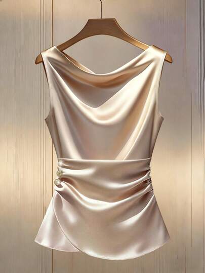 Franclia Fitted Sexy Draped Neck Ruched Metal Buckle Decor Camisole