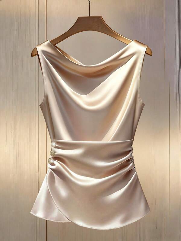 Franclia Fitted Sexy Draped Neck Ruched Metal Buckle Decor Camisole