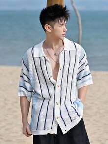 DAZY Áo khoác cardigan nam tay ngắn kẻ sọc, kiểu dáng mùa hè. - Màu xanh lam - Xem 2