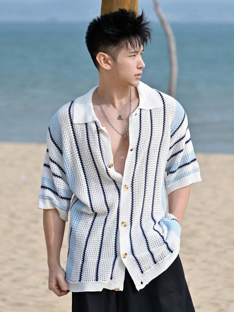 Men's Striped Cardigan Short Sleeve Knit Top, Summer