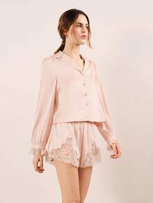 lacRébo Pink Satin Sleepwear Set With Button Front Long Sleeve Shirt And Lace Trim Shorts Cute Romantic Pyjama Set Spring Summer French Style Parisian Style - Baby Pink - View 2