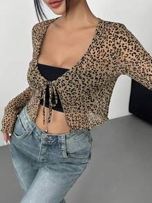 SHEIN EZwear Áo khoác cardigan dệt kim mỏng nhẹ in họa tiết da báo dành cho nữ, Áo họa tiết da báo mùa xuân/hè, Áo in họa tiết động vật, Áo họa tiết da báo, Áo nữ kiểu buộc dây gợi cảm, Áo in họa tiết động vật cho nữ, Áo nữ gợi cảm, Áo họa tiết da báo, Áo mùa hè, Áo dài tay in họa tiết da báo, Áo nữ thường ngày, Áo dài tay cho nữ. - Màu Khaki - Xem 5