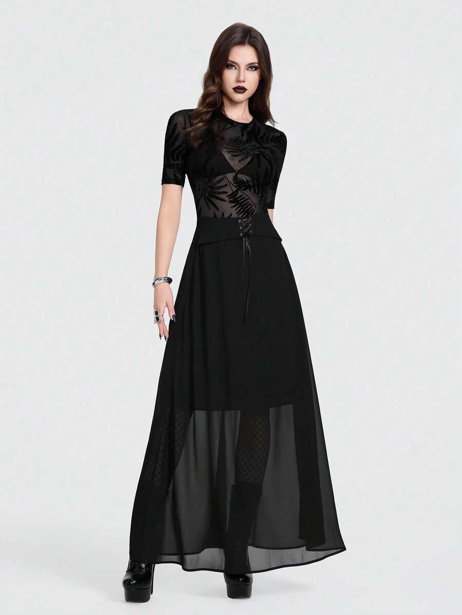 Breakform Váy nữ kiểu Gothic gợi cảm, cạp cao, hai lớp, co giãn, có dây rút. - màu đen - Xem 1