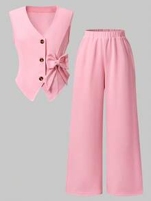 少女两件套，优雅吊带上衣搭配阔腿裤，通勤装，春秋季 - 粉色 - 查看 3