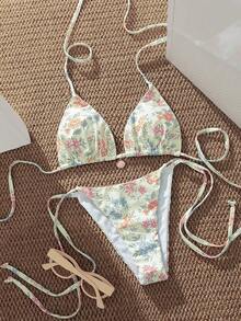 Swim Mod Summer New French Countryside Ditsy Floral Bikini, Halter Neck Sexy Tie-Up Two Pieces Swimsuit - Multicolor - View 3