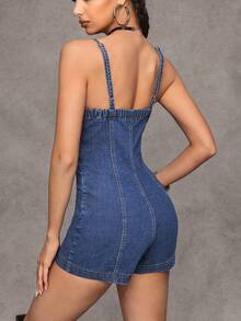 Jeanoix Women's Y2K Casual Vacation Style Button Fly Fitted Denim Romper For Daily Commute, Summer - Medium Wash - View 2