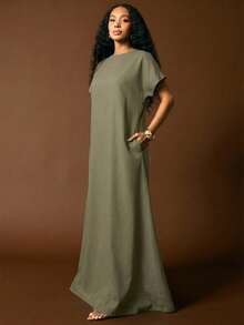 Vixey Cuffed Drop Shoulder Sleeve Deep Open V Neck Back Maxi Denim Dress - Army Green - View 5