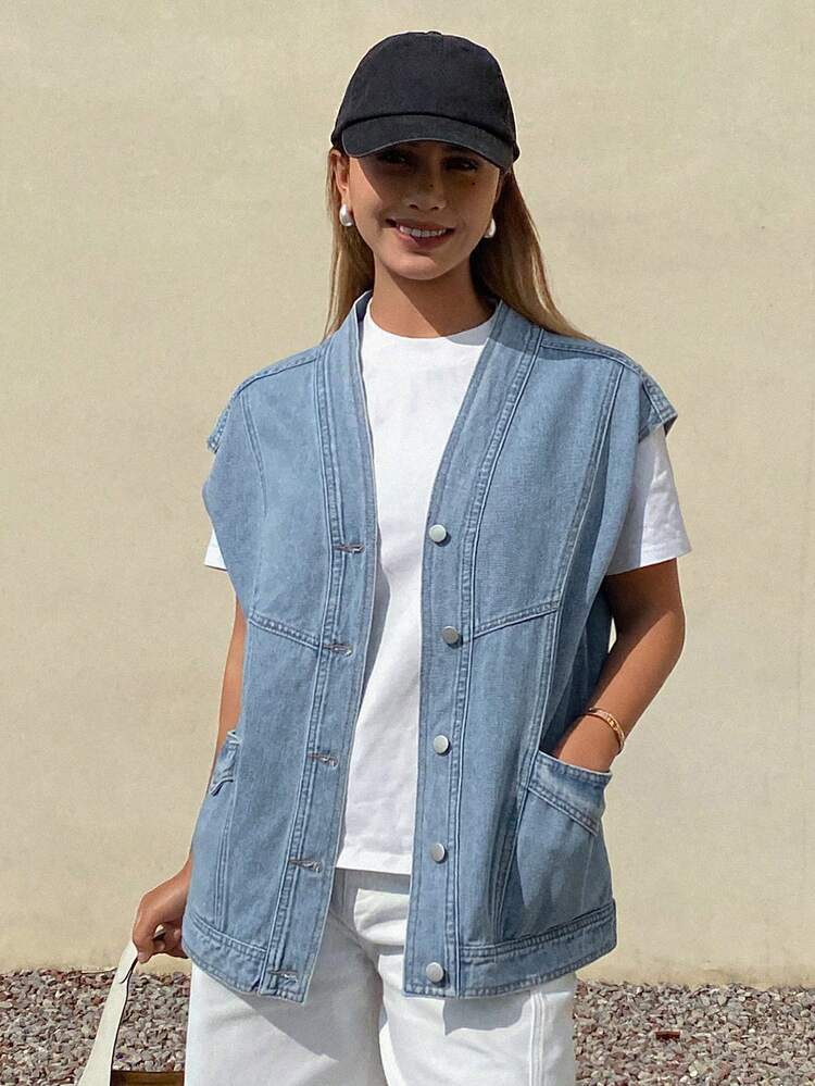 Women's V-Neck Pocket Decor Loose Sleeveless Casual Denim Jacket And Coat