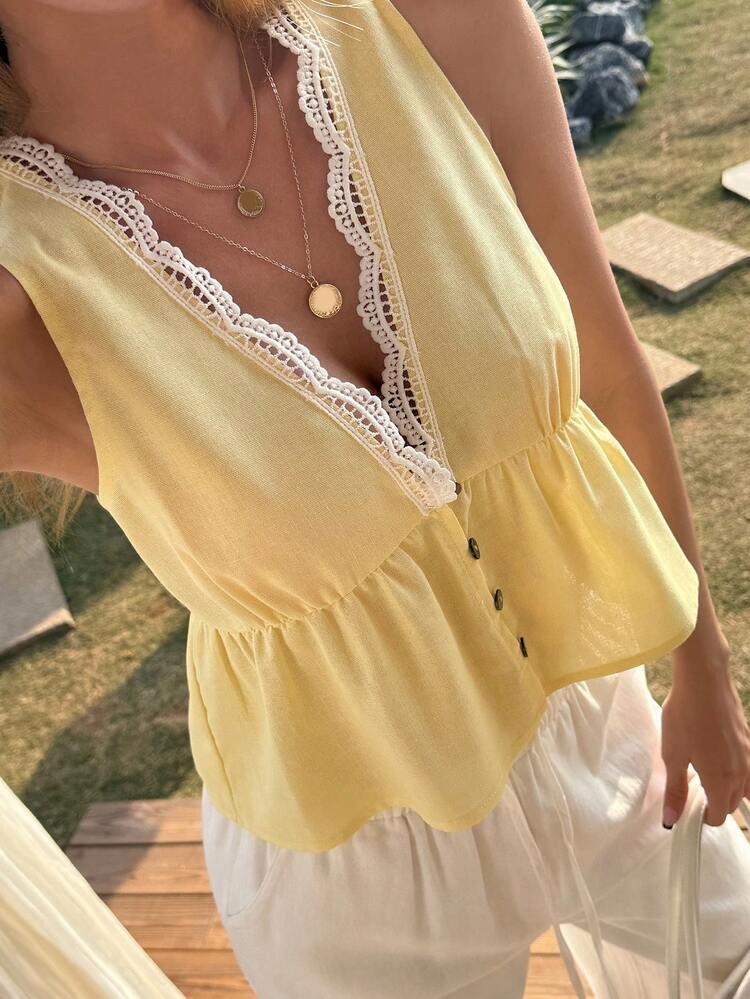 Women's V-Neck Sleeveless Casual Color Block Splice Vacation Style Blouse Shirt Summer