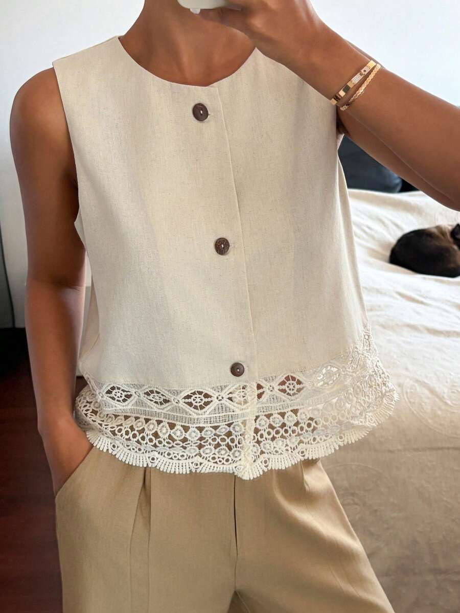 Livesso Women's Hollow Lace Patchwork Loose Business Casual Sleeveless Blazer Vest, Fashionable Office Wear, Spring & Summer - Beige - View 1