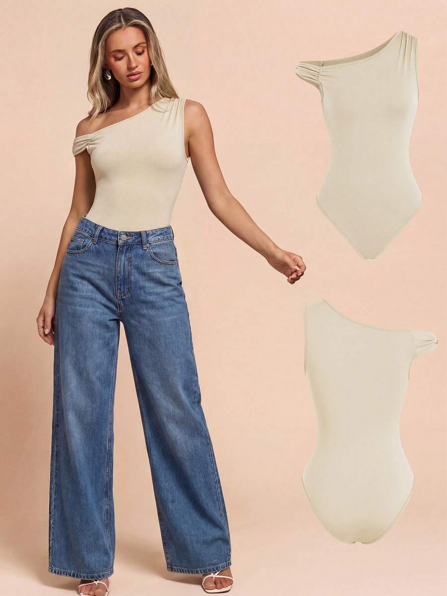 Glamine Women's Minimalist Solid Color Ruched Asymmetric Bodysuit, Summer Bodysuits For Women - Apricot - View 1