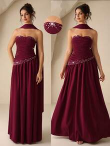 Coutiva Vestido de noche formal elegante con adornos de cristal para mujer - Burdeos - Ver 1