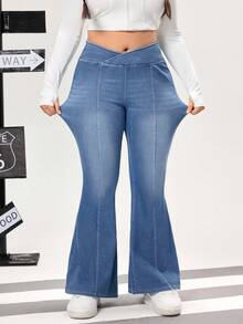 Flexra Quần jeans ống loe cạp cao giặt thường ngày cỡ lớn - Rửa nhẹ - Xem 6