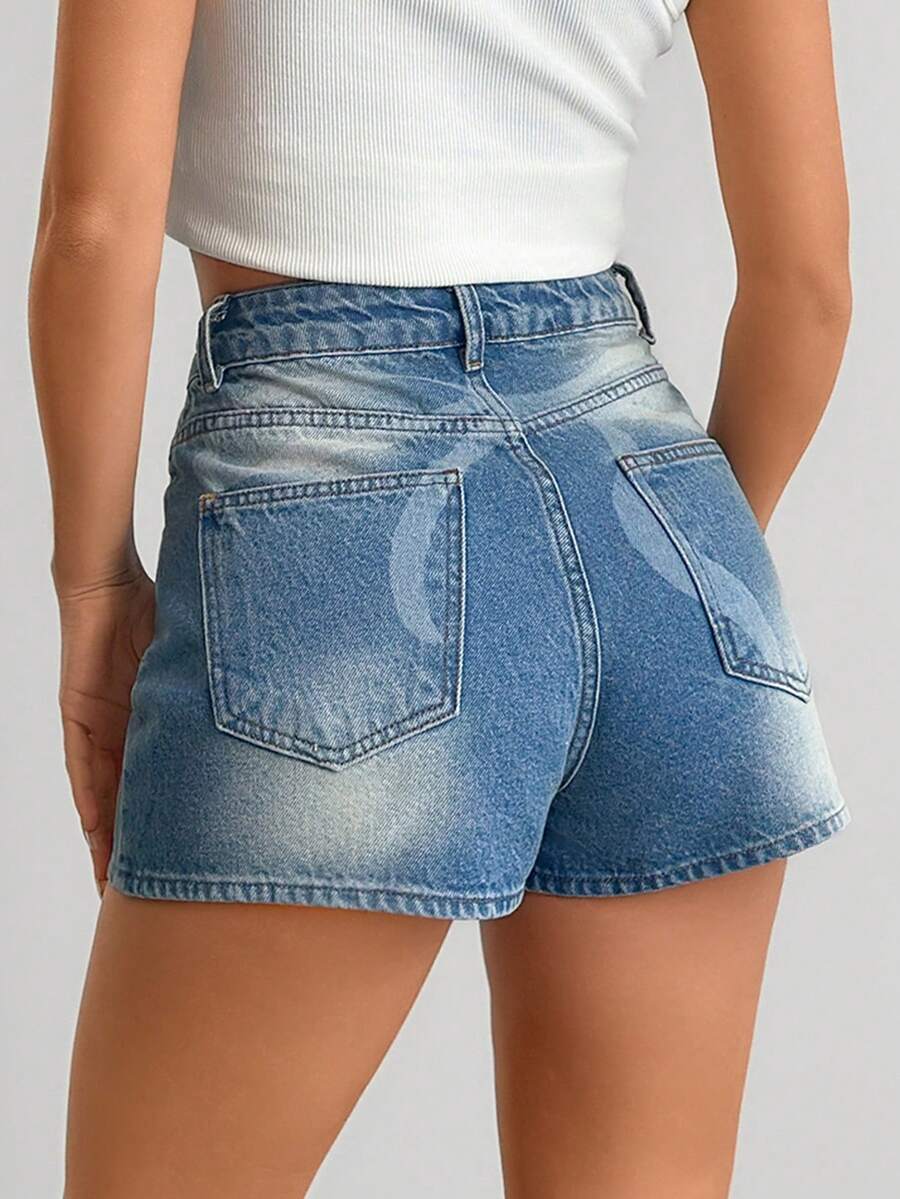 SHEIN Women Back Print Washed Detail Cute Denim Short - Blue - View 1
