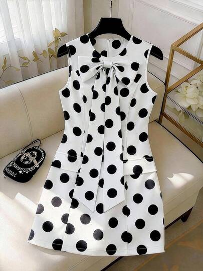 SHEIN Elenzya Vestido mini de línea A con bolsillo en la cintura, cuello con lazo y lunares negros, sin mangas, elegante, versátil para ir al trabajo, primavera/verano