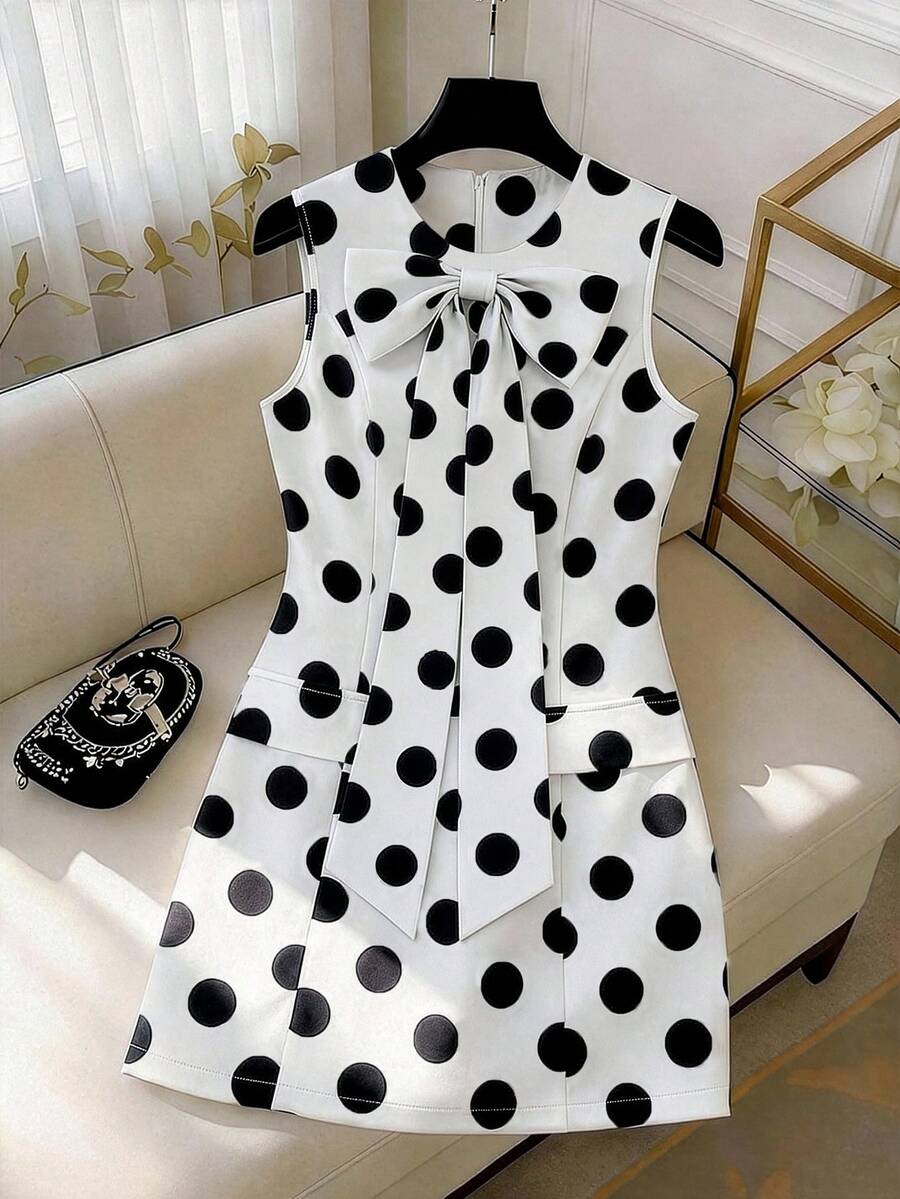 SHEIN Elenzya Women's Black Polka Dot Sleeveless Bow Tie Collar Waist Pocket A-Line Mini Dress, Elegant Commuter Cute Versatile Spring/Summer - Black and White - View 1