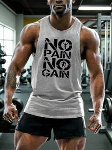 GymBeat Men's Casual Letter Print Round Neck Sports Tank Top, Summer - Grey - View 1