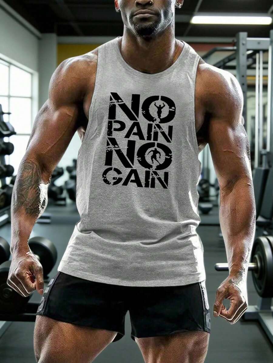 GymBeat Men's Casual Letter Print Round Neck Sports Tank Top, Summer - Grey - View 1