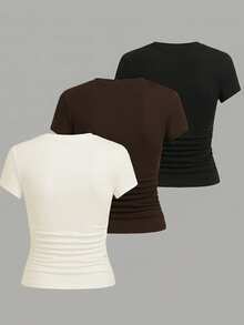 Qadelle 3件套女士休闲日常通勤简约纯色褶皱修身短袖T恤 - 彩色 - 查看 2