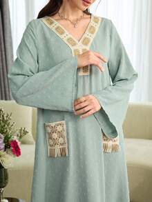 Yasmyna Women's Spring/Summer Green Woven Jacquard Long Sleeve V-Neck Crochet Lace Trim Tassel Pocket Elegant Casual Romantic Turkish Abaya & Arabic Traditional Maxi Dress - Green - View 1