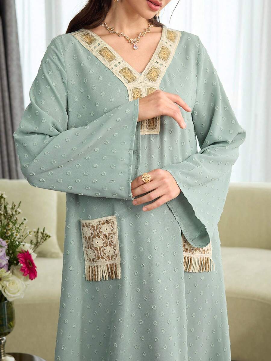 Yasmyna Women's Spring/Summer Green Woven Jacquard Long Sleeve V-Neck Crochet Lace Trim Tassel Pocket Elegant Casual Romantic Turkish Abaya & Arabic Traditional Maxi Dress - Green - View 1