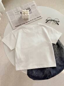SHEIN Playful Pals 幼童與嬰兒 100% 純棉圓領白色 T 恤 夏季休閒度假短袖套頭上衣 中性款柔軟兒童上衣 適合日常穿著與上學 - 白色 - 查看 4