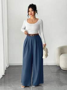 Elenzga 大码女式纯色米色阔腿裤，优雅款式，时尚百搭，适合通勤和办公穿着 - 藍色 - 查看 4