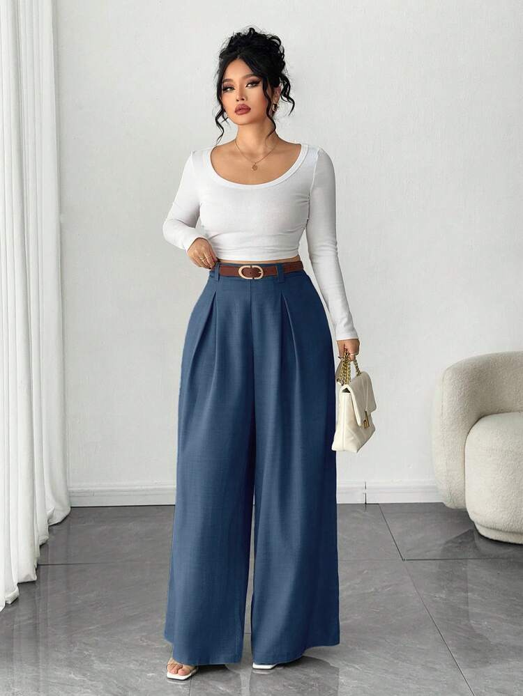 Elenzga Plus Size Women's Wide Leg Pants, Solid Apricot Color